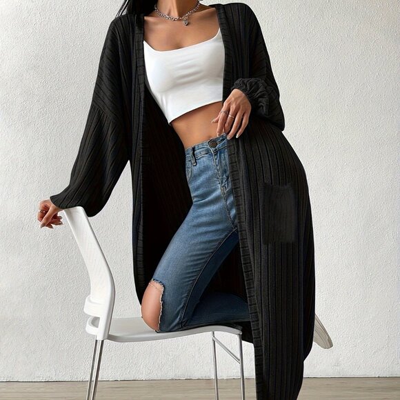 Drop Shoulder Open Front Knitted Ribbed Cardigan - Picture 2 of 3